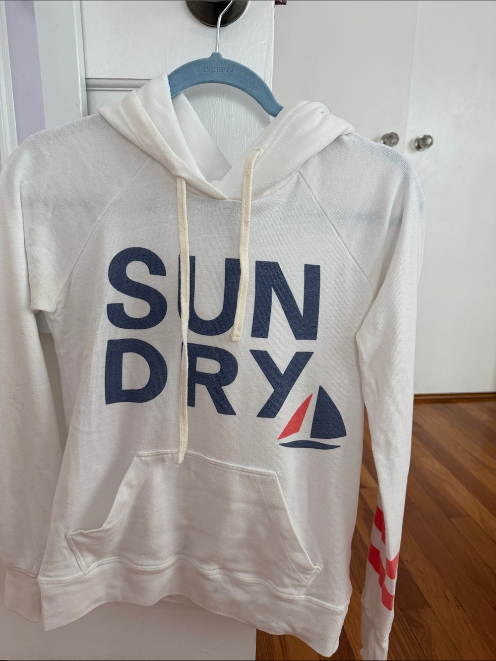 Sundry White Hoodie with Navy and Red Graphic